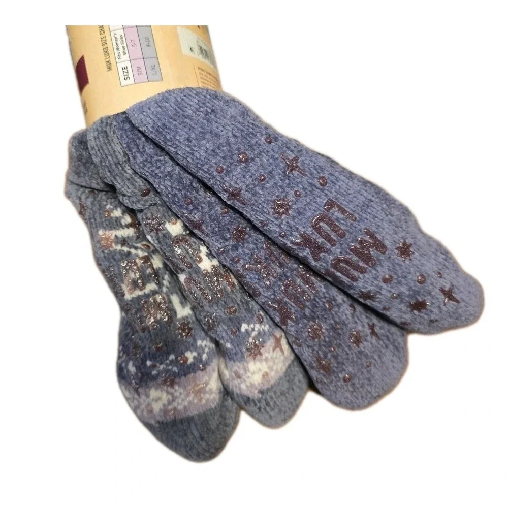 NEW Muk Luks Women 2-Pack NonSlip Bottom Cabin Socks Gray Purple Size‎ L/XL 8-10